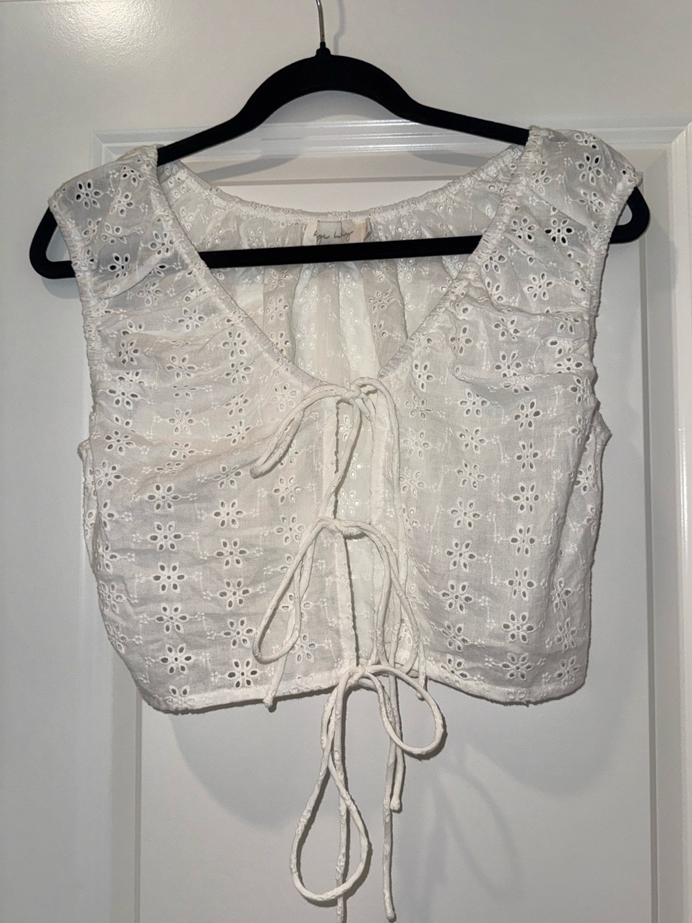 Beige Botany White Eyelet Tie-Front Crop Top